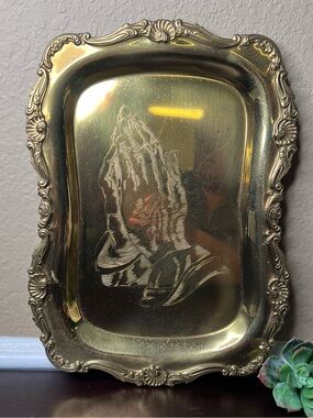 Vintage Brass Praying Hands Tray, Religious Decor